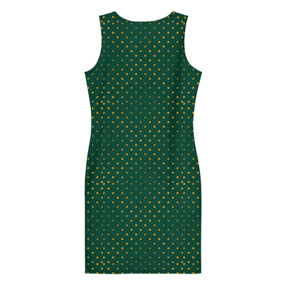 Sleeveless, fitted four-way stretch dress with a dark green background and an all-over pattern of small gold polka dots. This knee-length printed fitted dress is shown from the back.