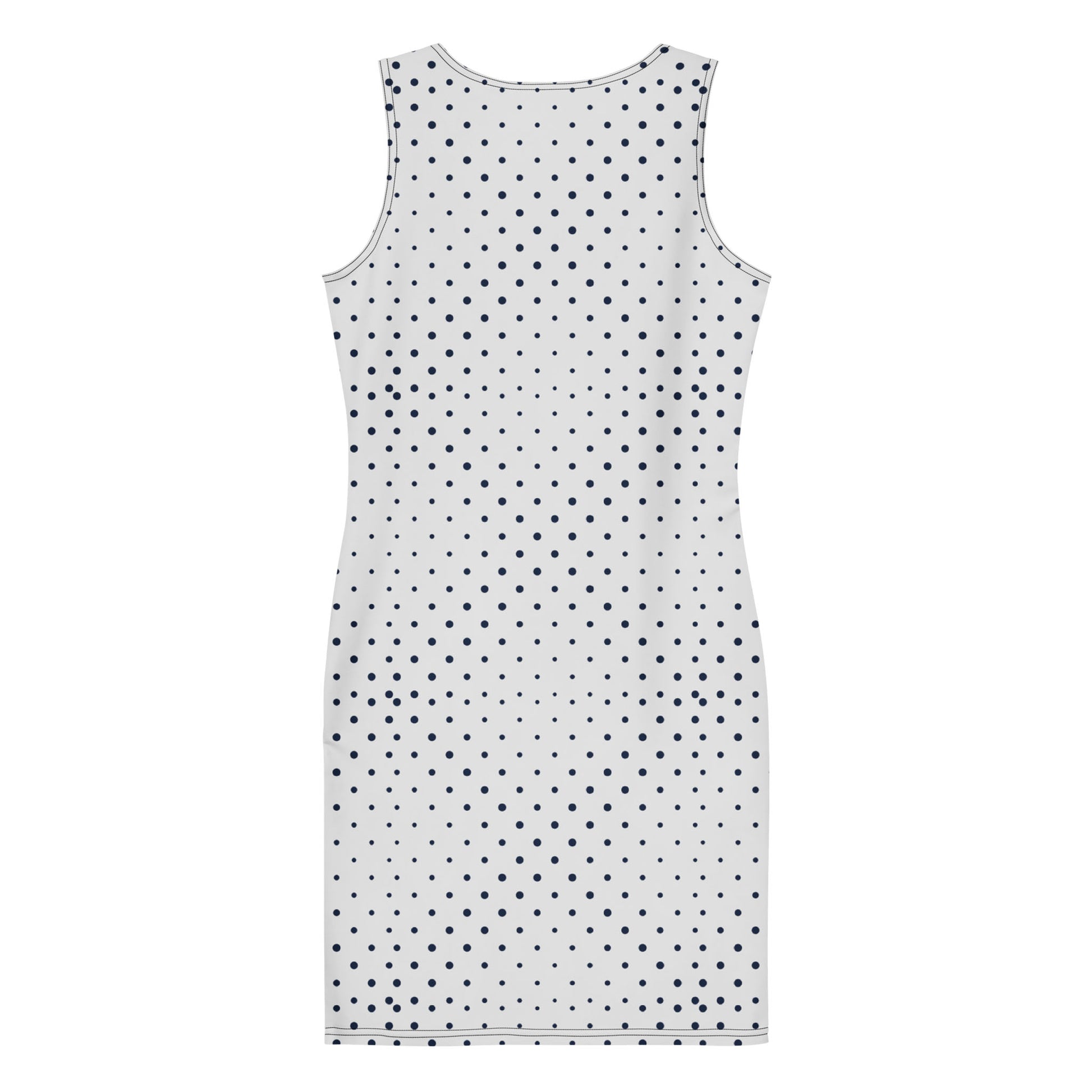 A sleeveless, knee-length white fitted dress with an all-over printed pattern of evenly spaced small black polka dots. The dress is shown flat from the back.