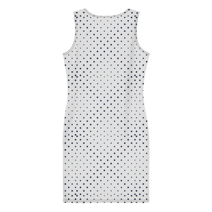 A sleeveless, knee-length white fitted dress with an all-over printed pattern of evenly spaced small black polka dots. The dress is shown flat from the back.