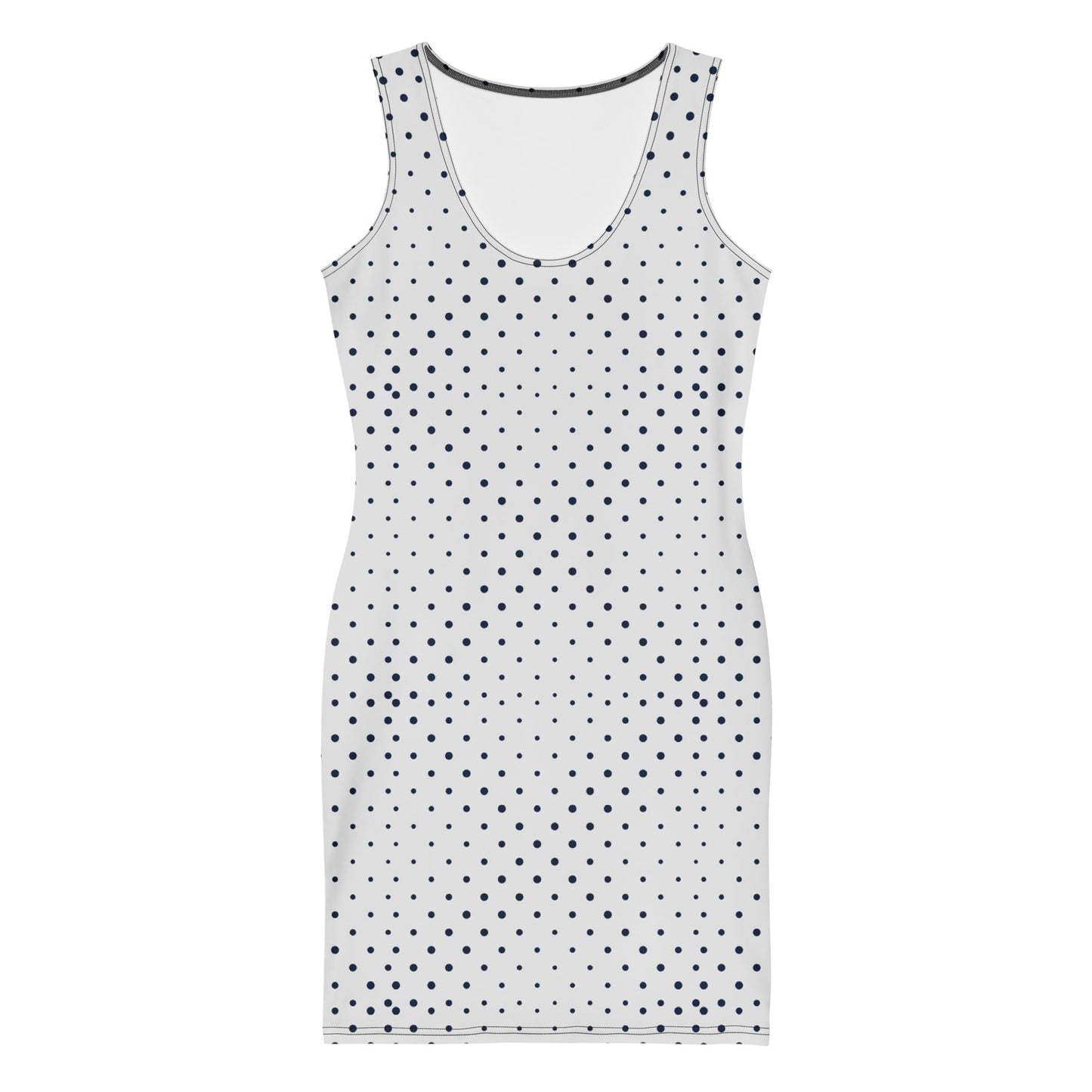 Sleeveless white fitted dress with a scoop neckline, featuring an evenly spaced pattern of small black polka dots and comfortable four-way stretch for ease of movement.