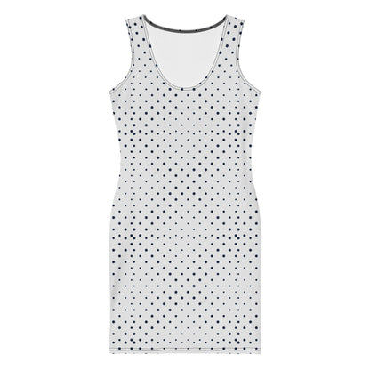 Sleeveless white fitted dress with a scoop neckline, featuring an evenly spaced pattern of small black polka dots and comfortable four-way stretch for ease of movement.