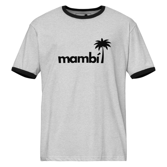 A lightweight cotton tee in heather gray with black collar and sleeve cuffs, featuring “mambi” in lowercase—each i uniquely dotted with a black palm tree for a retro touch.