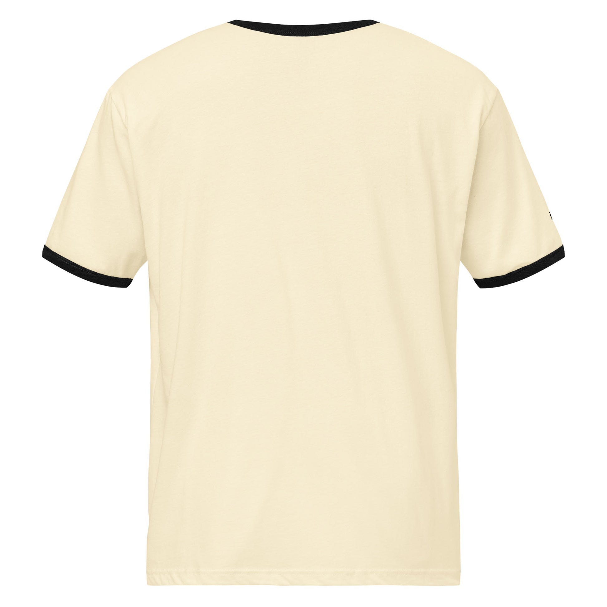A plain, short-sleeved beige t-shirt with black trim on the collar and sleeve cuffs, shown from the back against a white background, offers a relaxed fit and retro look in a lightweight cotton tee.