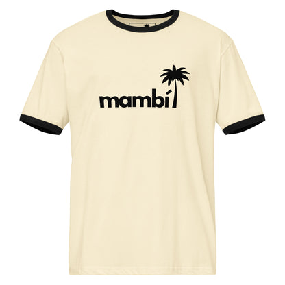 A relaxed fit natural/black cotton tee with black trim, mambi in lowercase and a retro palm tree graphic above the i printed on the front.