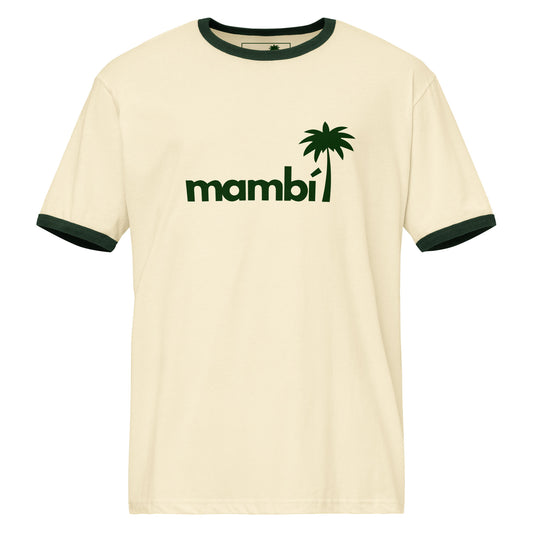 Cream-colored lightweight cotton tee with dark green collar and sleeve cuffs, featuring the word mambi in lowercase letters and a palm tree graphic above the letter i on the chest for a retro t-shirt vibe.