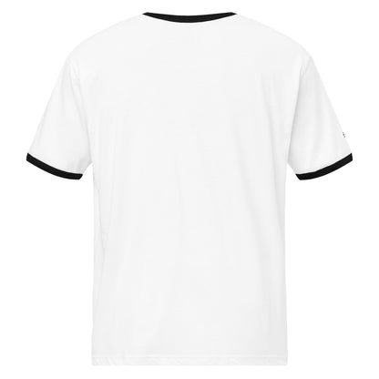 A relaxed fit, plain white short-sleeve t-shirt viewed from the back, featuring black trim on the collar and sleeve cuffs for a subtle retro look.