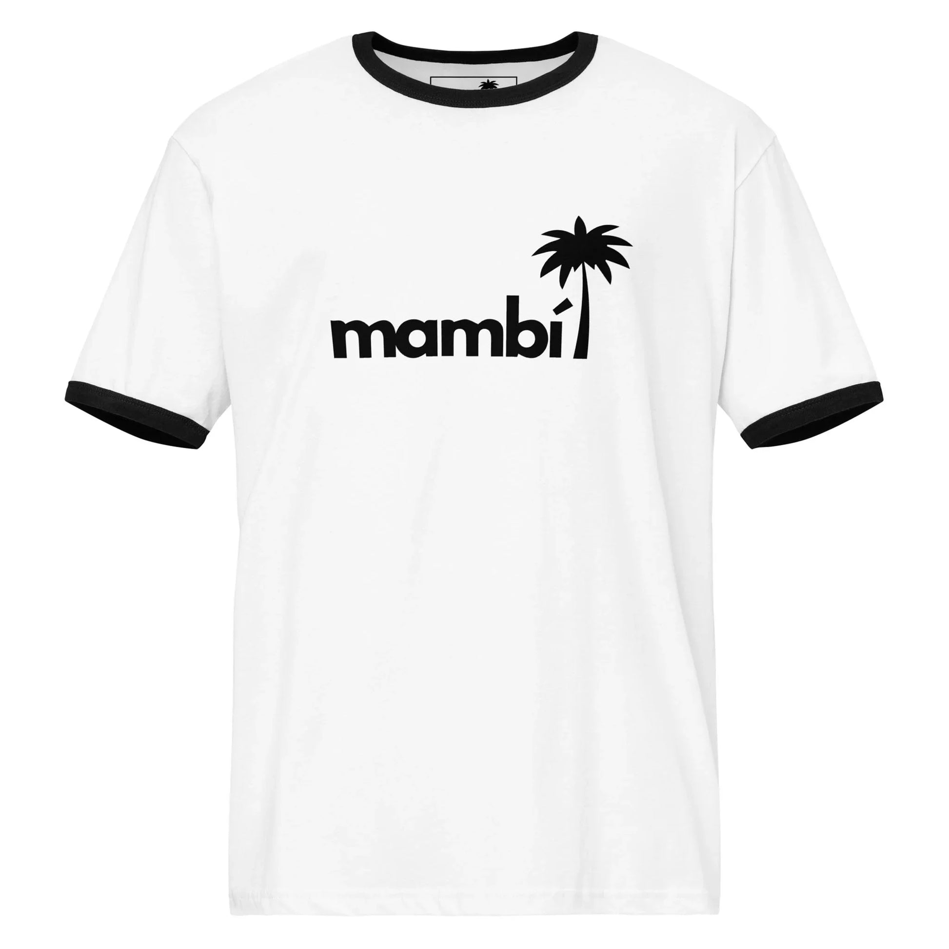 White/Black t-shirt with black collar and sleeve trim, featuring mambi in black lowercase letters and a black palm tree graphic. Lightweight cotton with a relaxed fit for a cool retro style.