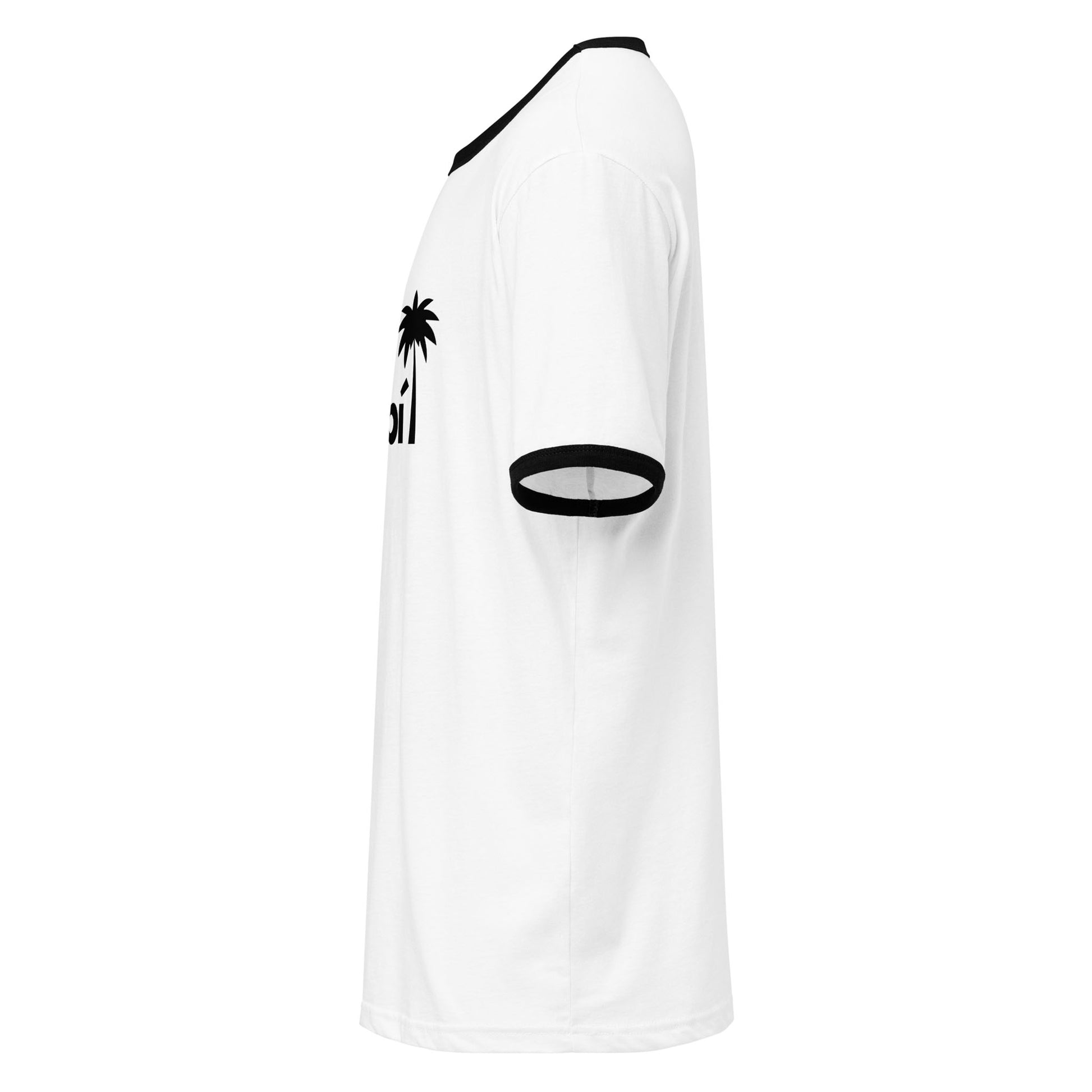 Side view of a lightweight cotton tee with black trim on the collar and sleeves. The relaxed fit and partial palm tree graphic give this T-shirt a retro look against a plain white background.