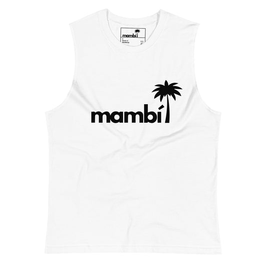 A white sleeveless tank with a relaxed fit, featuring the word mambi in black lowercase letters and a black palm tree graphic above the i on the chest. Perfect for your next yoga class or casual outing.