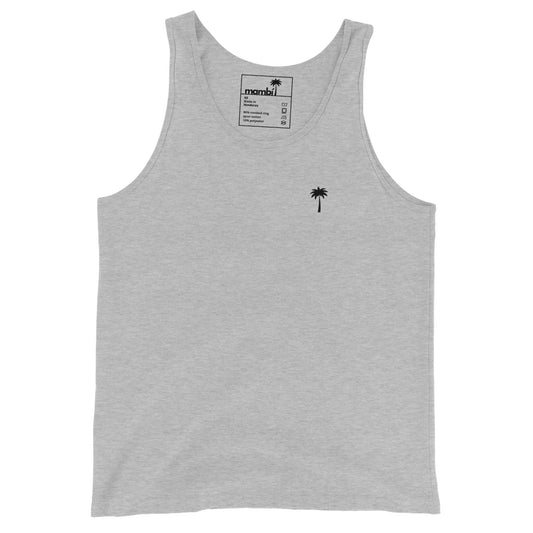 Athletic Heather tank top in a classic style, crafted from premium materials, features a small black palm tree graphic on the left chest and a visible inner neck label.