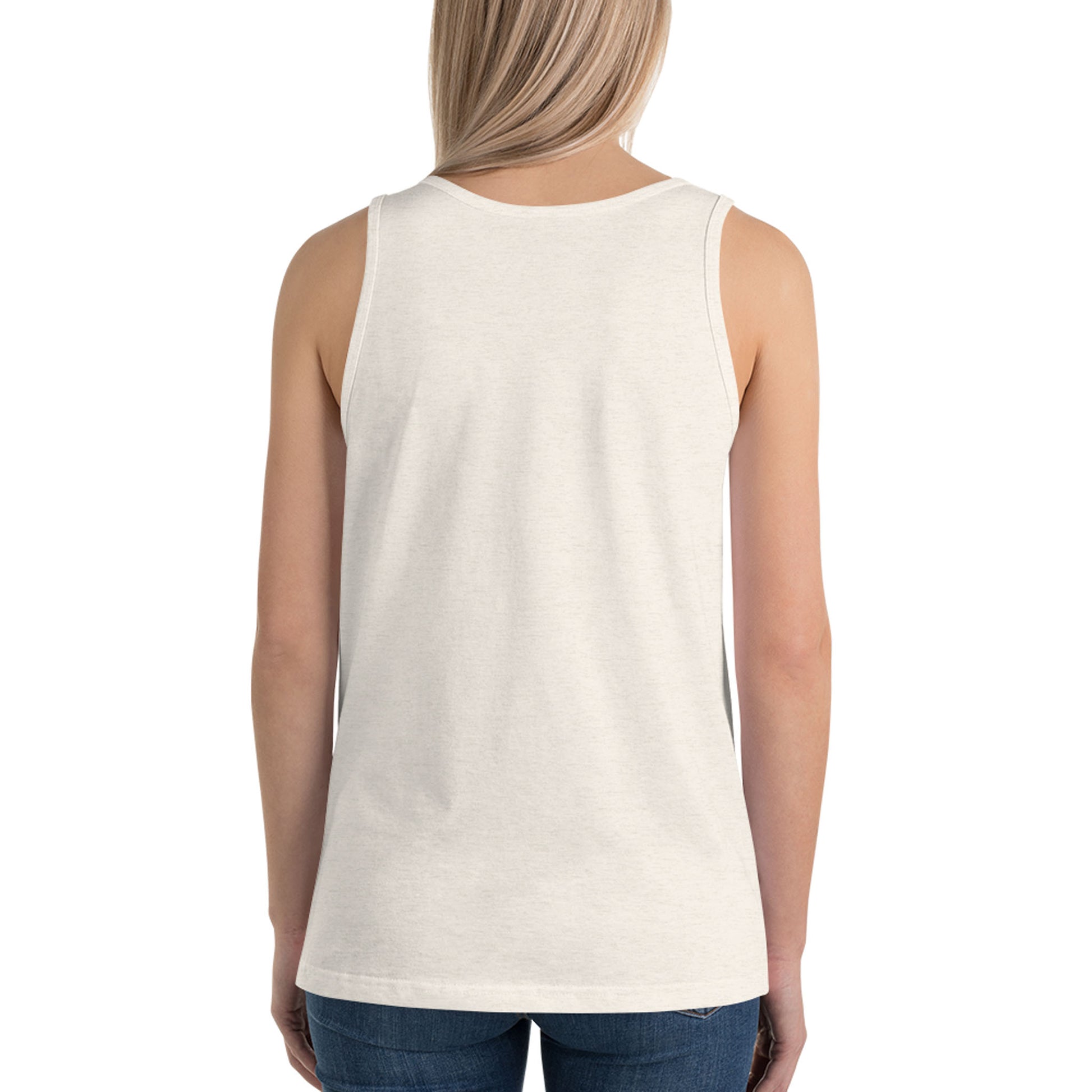 A woman with straight blonde hair is shown from the back, wearing a classic style sleeveless white tank top and blue jeans against a plain white background.