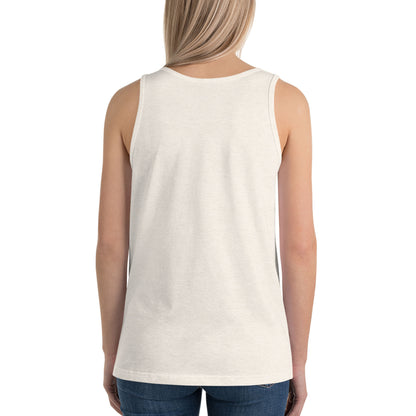 A woman with straight blonde hair is shown from the back, wearing a classic style sleeveless white tank top and blue jeans against a plain white background.