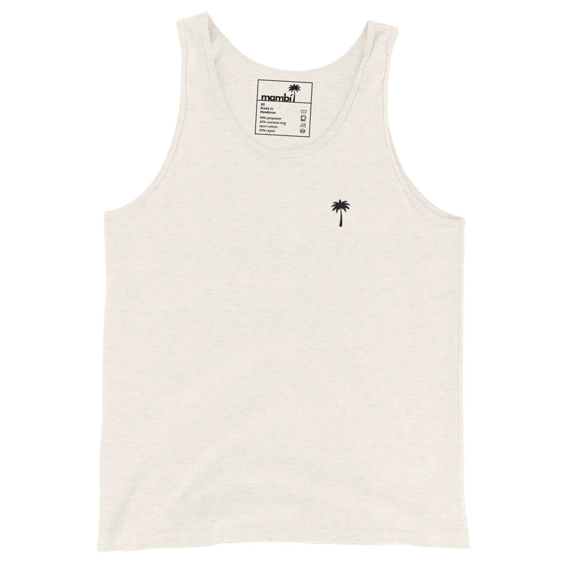 An oatmeal triblend tank top in a classic style, crafted from premium materials with a small black palm tree graphic on the left chest. The inside collar tag shows branding and care instructions.