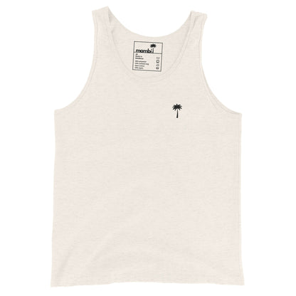 An oatmeal triblend tank top in a classic style, crafted from premium materials with a small black palm tree graphic on the left chest. The inside collar tag shows branding and care instructions.