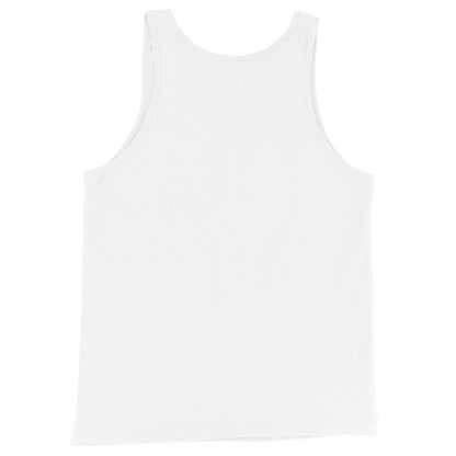 A plain white tank top in classic style, photographed from the back and laid flat against a white background.