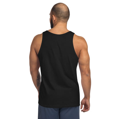 A man with a shaved head and beard is shown from behind, wearing a classic black tank top made of ringspun cotton and dark shorts. His right arm features a tattoo as he stands against a plain white background.