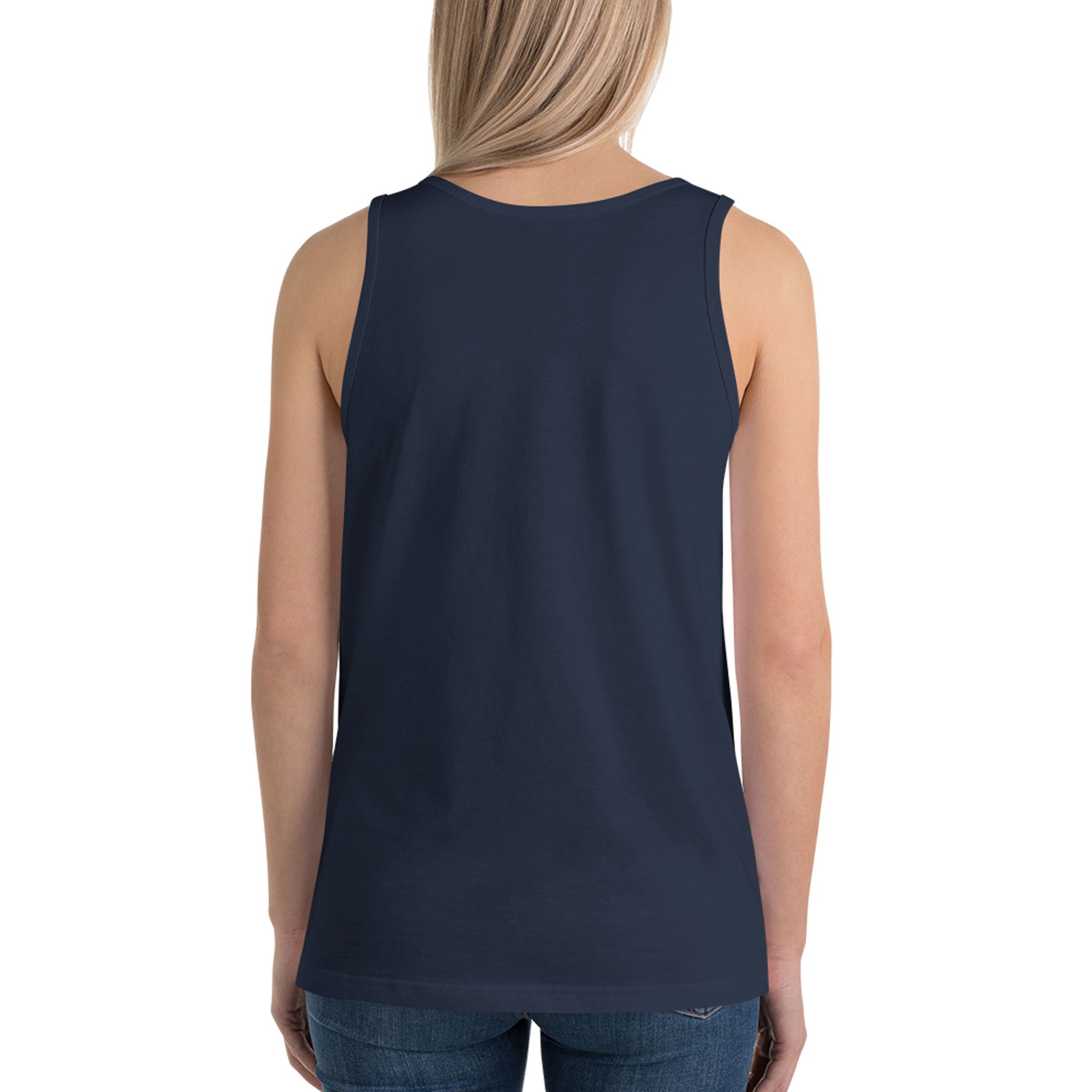 A woman with long blonde hair, seen from the back, is wearing a sleeveless classic tank top made from soft ringspun cotton and blue jeans against a plain white background.