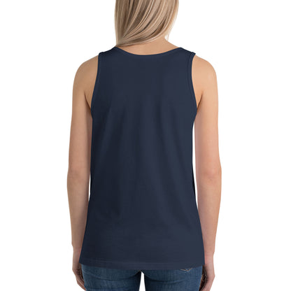 A woman with long blonde hair, seen from the back, is wearing a sleeveless classic tank top made from soft ringspun cotton and blue jeans against a plain white background.