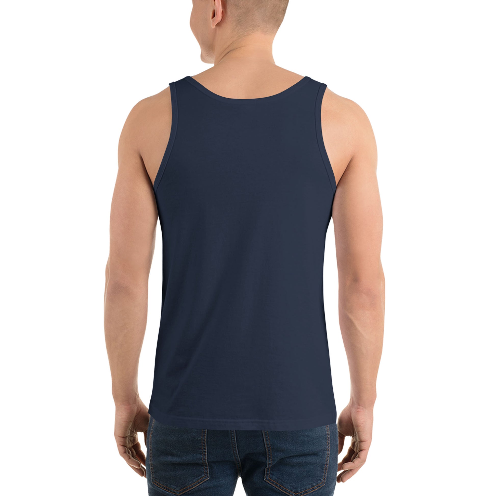 A person is shown from the back wearing a navy blue classic tank top made of ringspun cotton and blue jeans, standing against a plain white background.