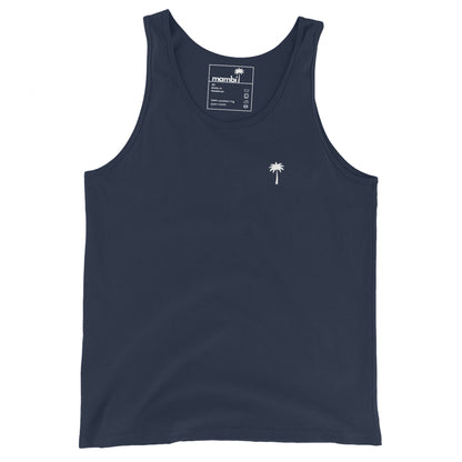 A navy tank top made from soft ringspun cotton, featuring a small white palm tree graphic on the left chest. The inner collar label shows brand and care details.
