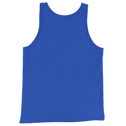 A classic style royal blue tank top is shown laid flat, with the back side facing up against a white background.
