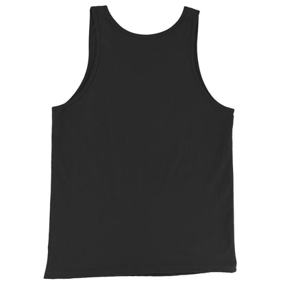 A classic tank top in plain black, crafted from soft ringspun cotton, is shown laid flat with the back side facing up against a white background.
