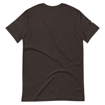 A plain dark brown comfortable cotton short-sleeve t-shirt shown from the back, featuring a small gold detail on the right sleeve near the shoulder. The fitted shirt has a simple design with no visible logos or patterns on the back.