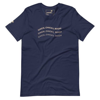 A navy graphic tee crafted from comfy cotton, showcasing CHICK, CHICKY, BOOM in wavy white text on the chest and a palm tree logo on the left sleeve.