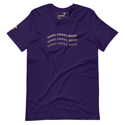 Team Purple fitted graphic tee with “CHICK, CHICKY, BOOM” repeated three times in light pink curved text across the chest. Made from comfortable cotton and finished with a small golden palm tree on the left sleeve.