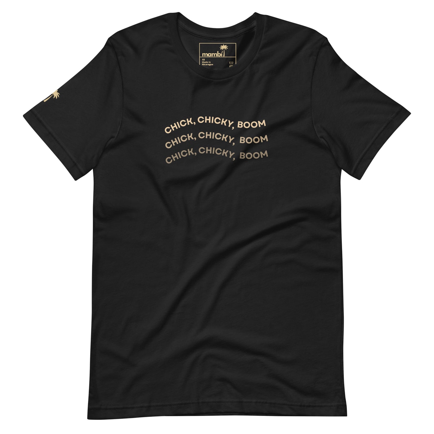 A comfortable Vintage Black cotton t-shirt with CHICK, CHICKY, BOOM in gold on the chest and a small gold palm tree on the sleeve—perfect for fans of stylish graphic tees.