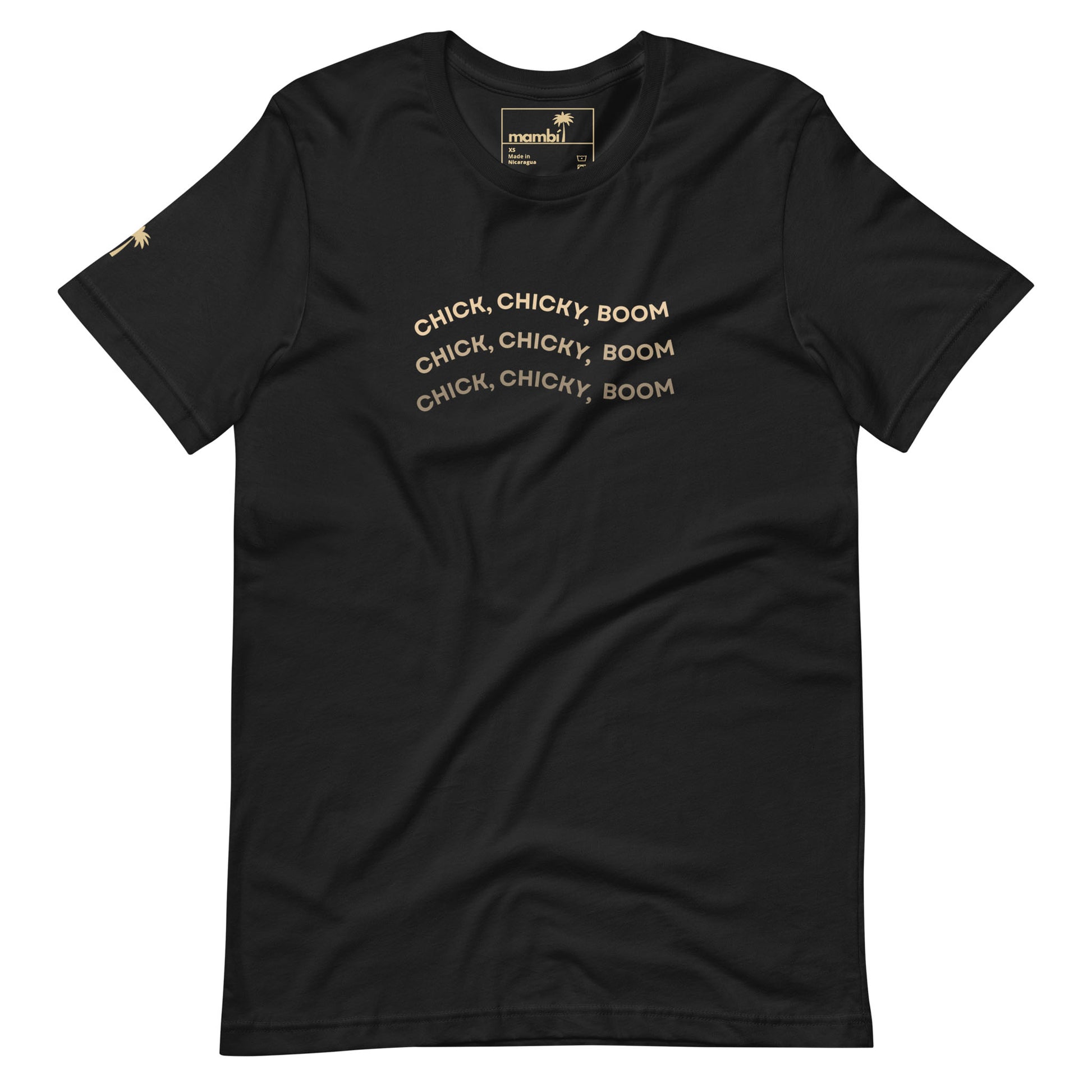 A comfortable Vintage Black cotton t-shirt with CHICK, CHICKY, BOOM in gold on the chest and a small gold palm tree on the sleeve—perfect for fans of stylish graphic tees.