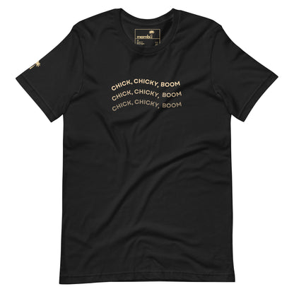 A comfortable Vintage Black cotton t-shirt with CHICK, CHICKY, BOOM in gold on the chest and a small gold palm tree on the sleeve—perfect for fans of stylish graphic tees.
