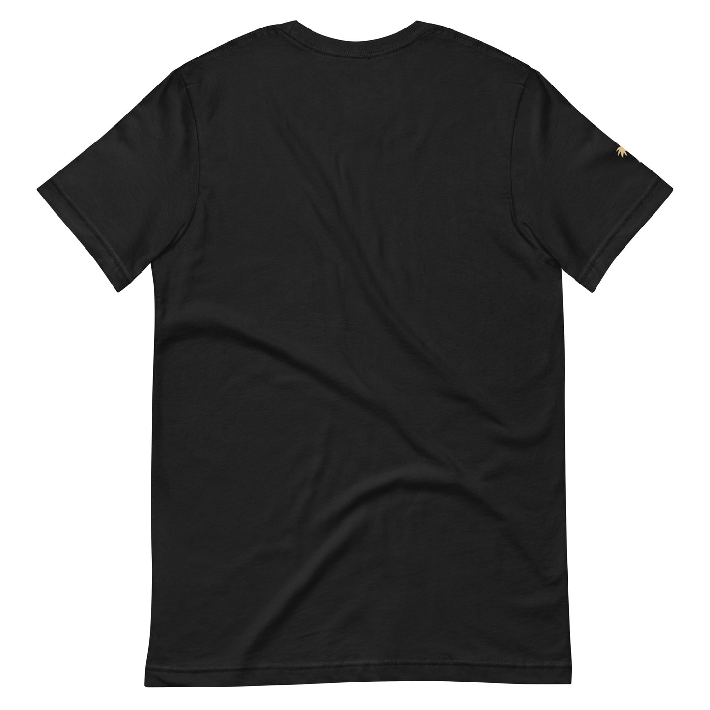 A plain black short-sleeve t-shirt made from comfortable cotton, shown from the back, features a small, subtle gold design on the left sleeve near the shoulder. Perfect for lovers of minimalist graphic tees.