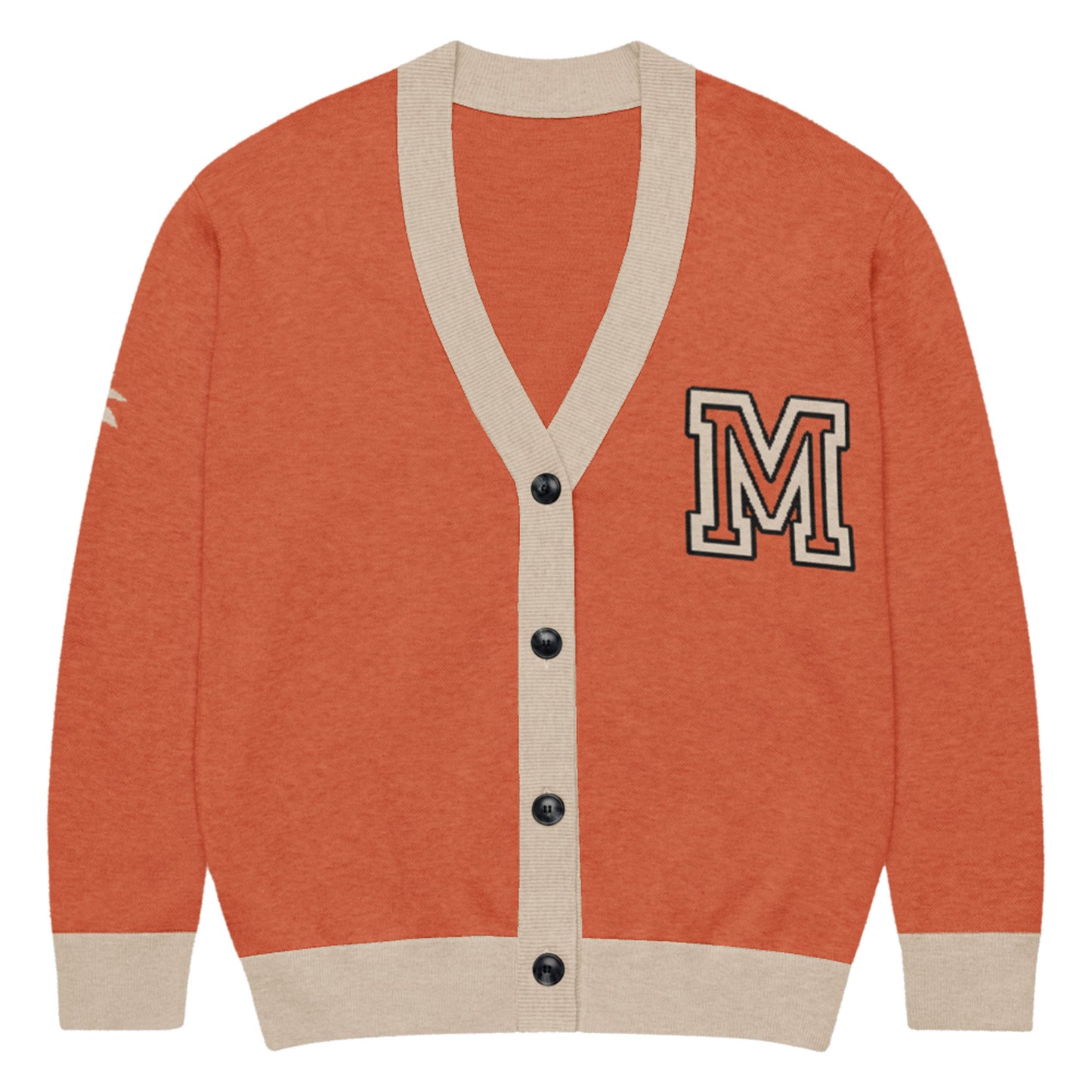 A burnt orange & taupe unisex cardigan with beige trim, black buttons, and a bold black-outlined M patch on the upper left. The upper right sleeve features a small white accent for standout style.