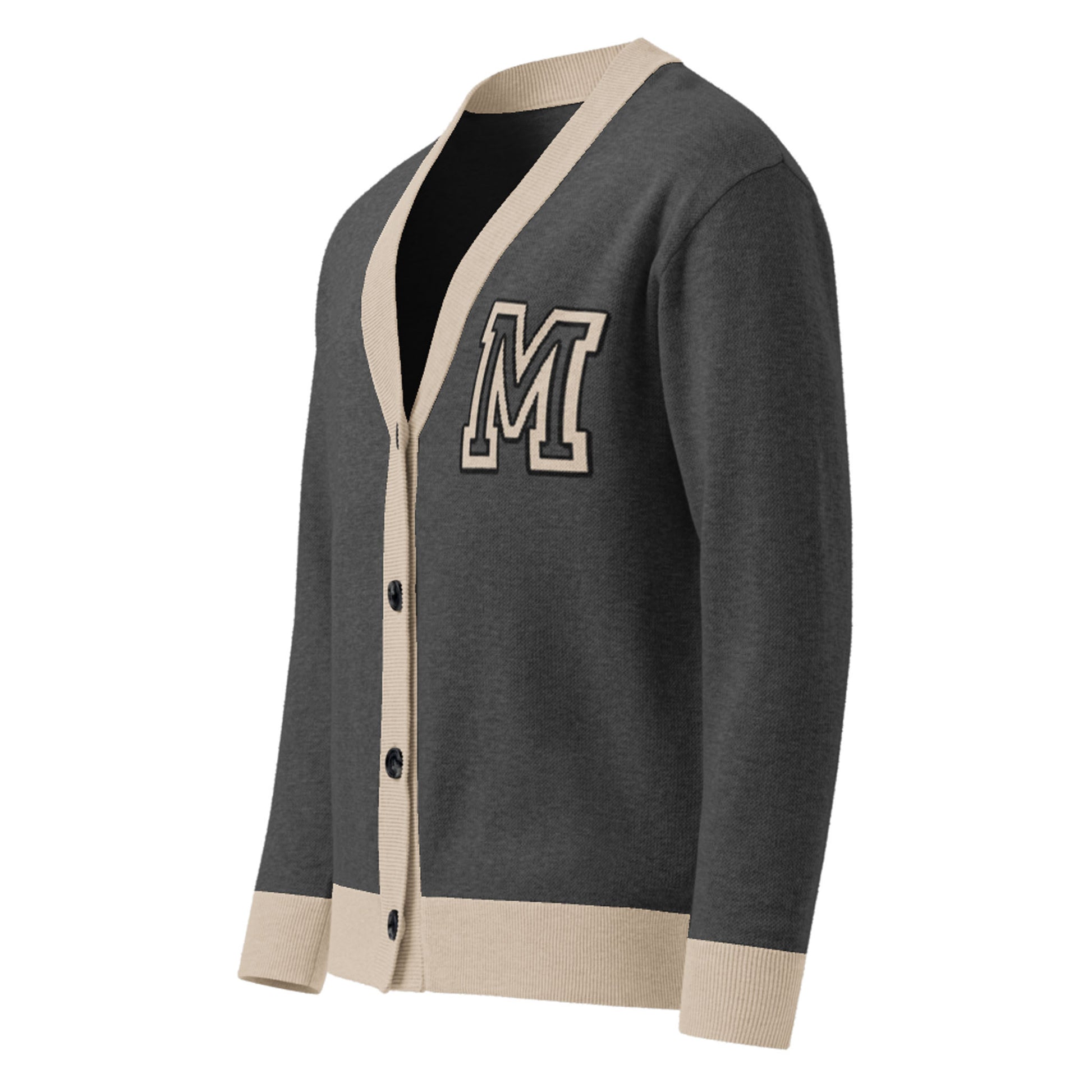 A unisex two-tone cardigan in dark gray with beige trim on the cuffs, hem, and neckline. Finished with black buttons down the front and a large, bold letter M patch on the left chest.