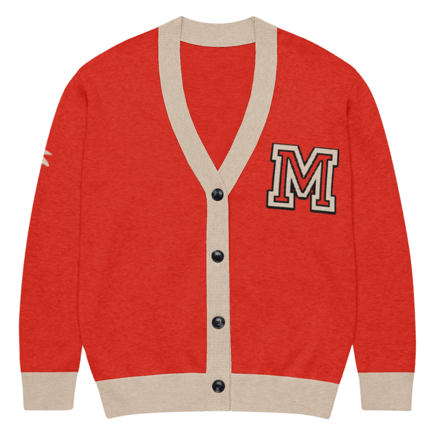A chili and taupe two-tone unisex cardigan featuring bold trim, black buttons, a standout black-and-white letter M patch on the chest, plus beige cuffs, hem, and a small sleeve accent for added style.