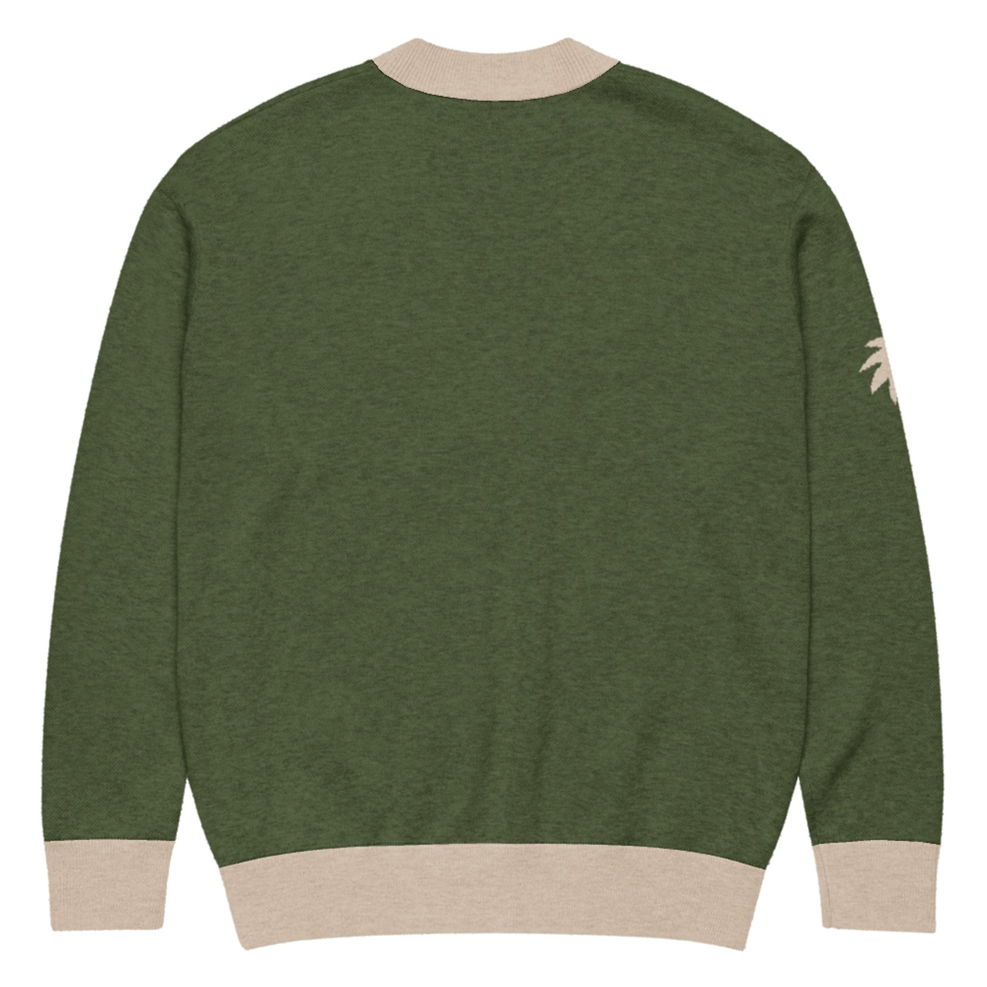 A green unisex cardigan with beige ribbed cuffs, collar, and hem. A small, beige palm tree graphic accents the left sleeve near the shoulder. The image shows the back of this stylish two-tone cardigan.