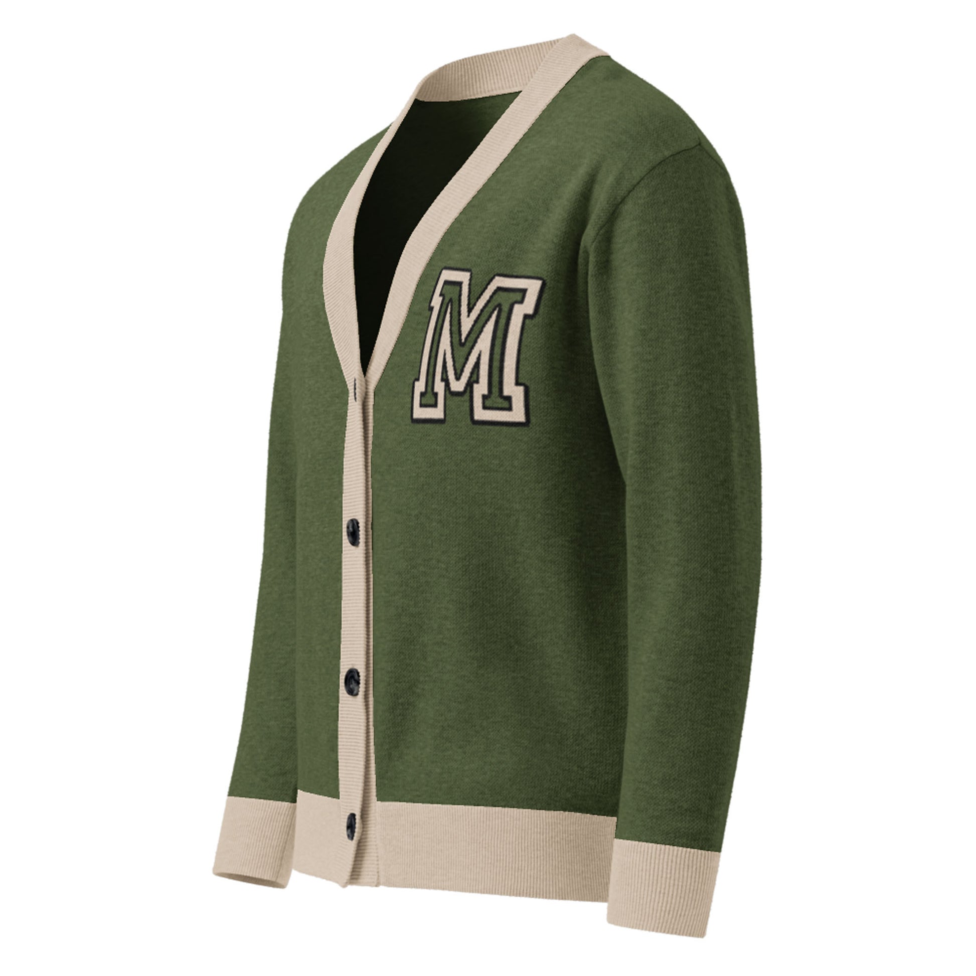 Green jacquard knit cardigan with beige trim on the collar, button placket, cuffs, and hem. This two-tone cardigan features black buttons and a large white and black letter M patch on the left chest.