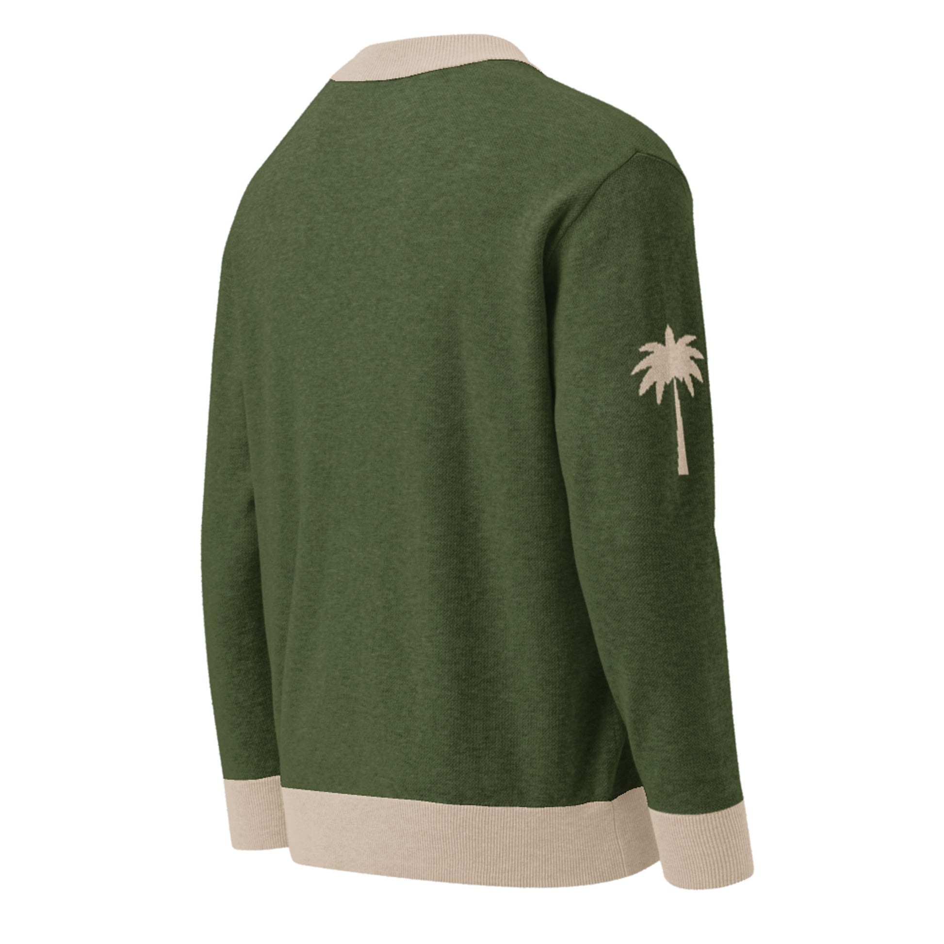 A two-tone cardigan in green with beige trim on the collar, cuffs, and hem, featuring a beige palm tree graphic on the left sleeve, shown from the back.