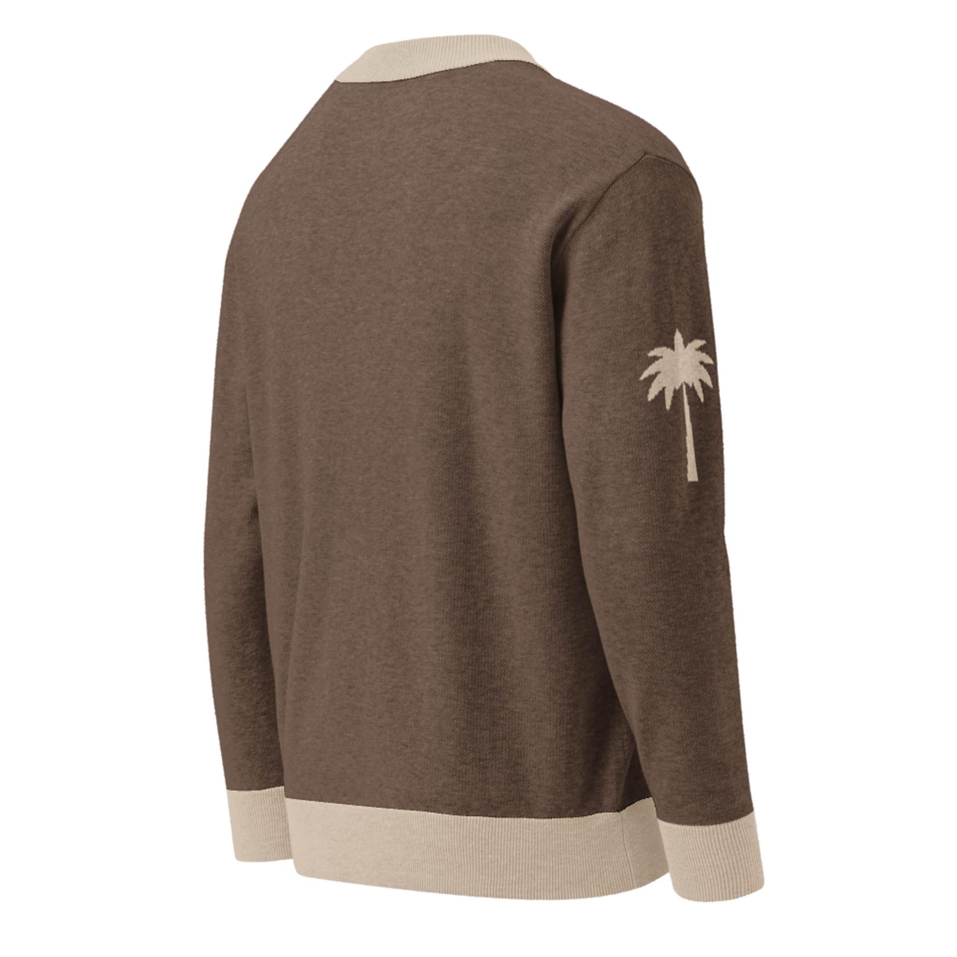 Brown two-tone cardigan with light beige ribbed cuffs, hem, and collar. The back is plain, and the left sleeve features a simple beige palm tree graphic near the shoulder.