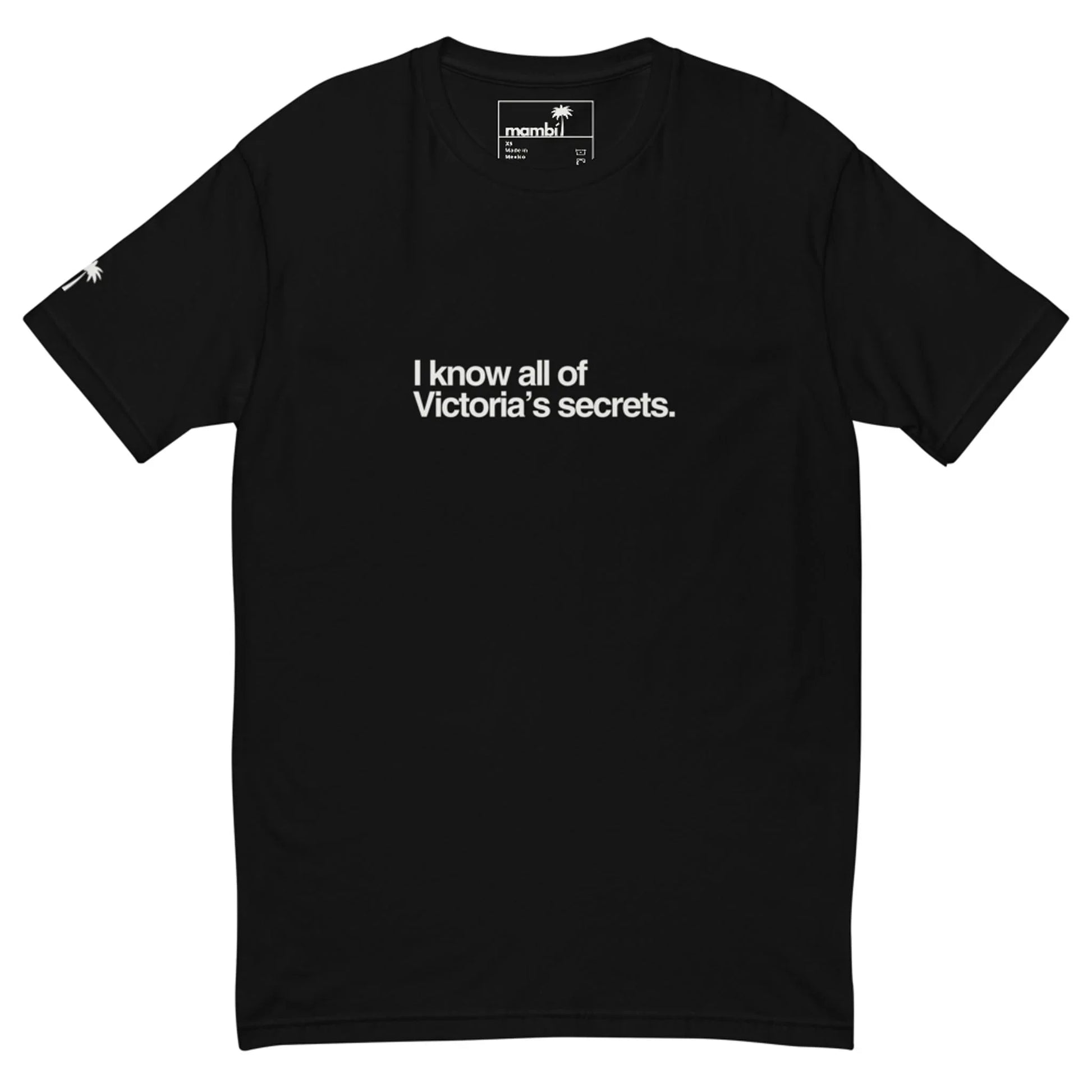 Black t-shirt with white text 'I know all of Victoria's secrets' on a white background