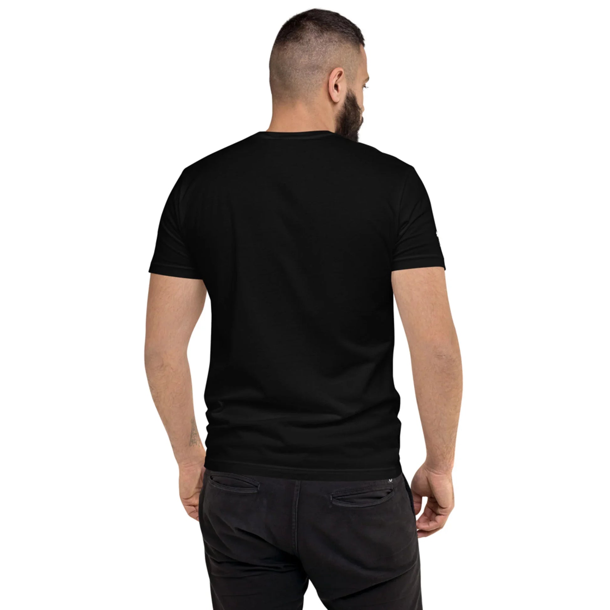 Man wearing a black t-shirt on a white background