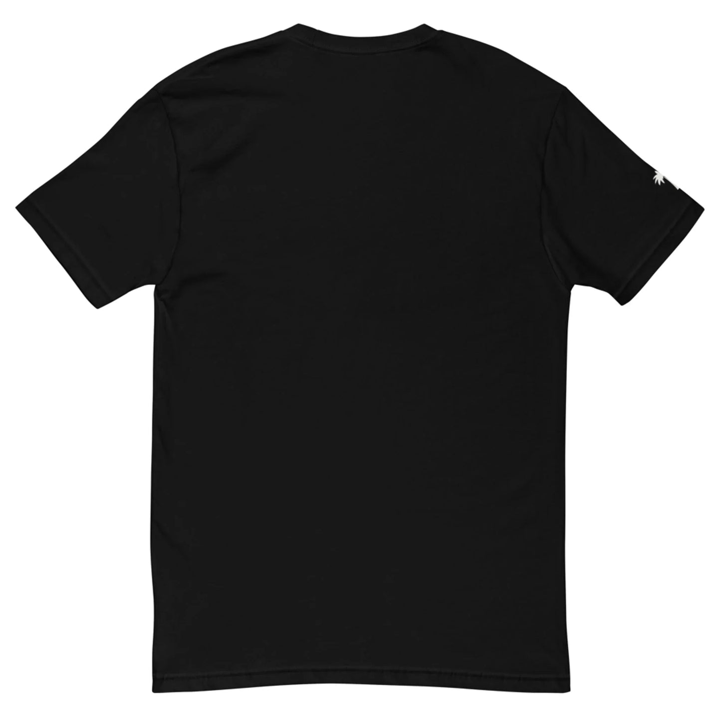 Black t-shirt with a brand logo on the sleeve against a white background