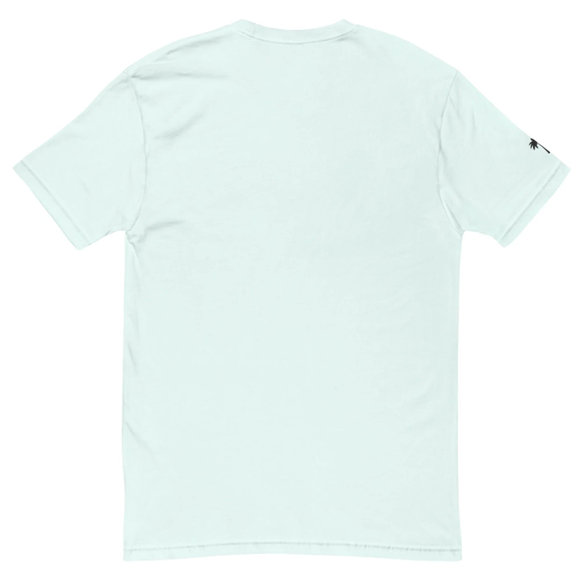 Light blue t-shirt with a small logo on the back against a white background
