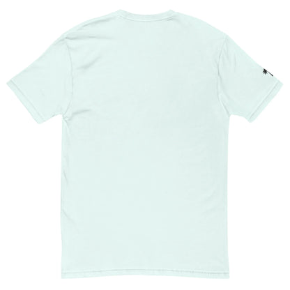 Light blue t-shirt with a small logo on the back against a white background