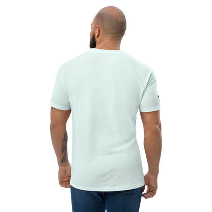 Man wearing a light blue t-shirt on a white background