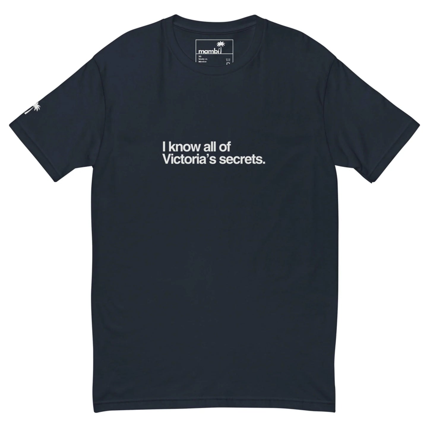 Black t-shirt with white text 'I know all of Victoria's secrets' on a white background