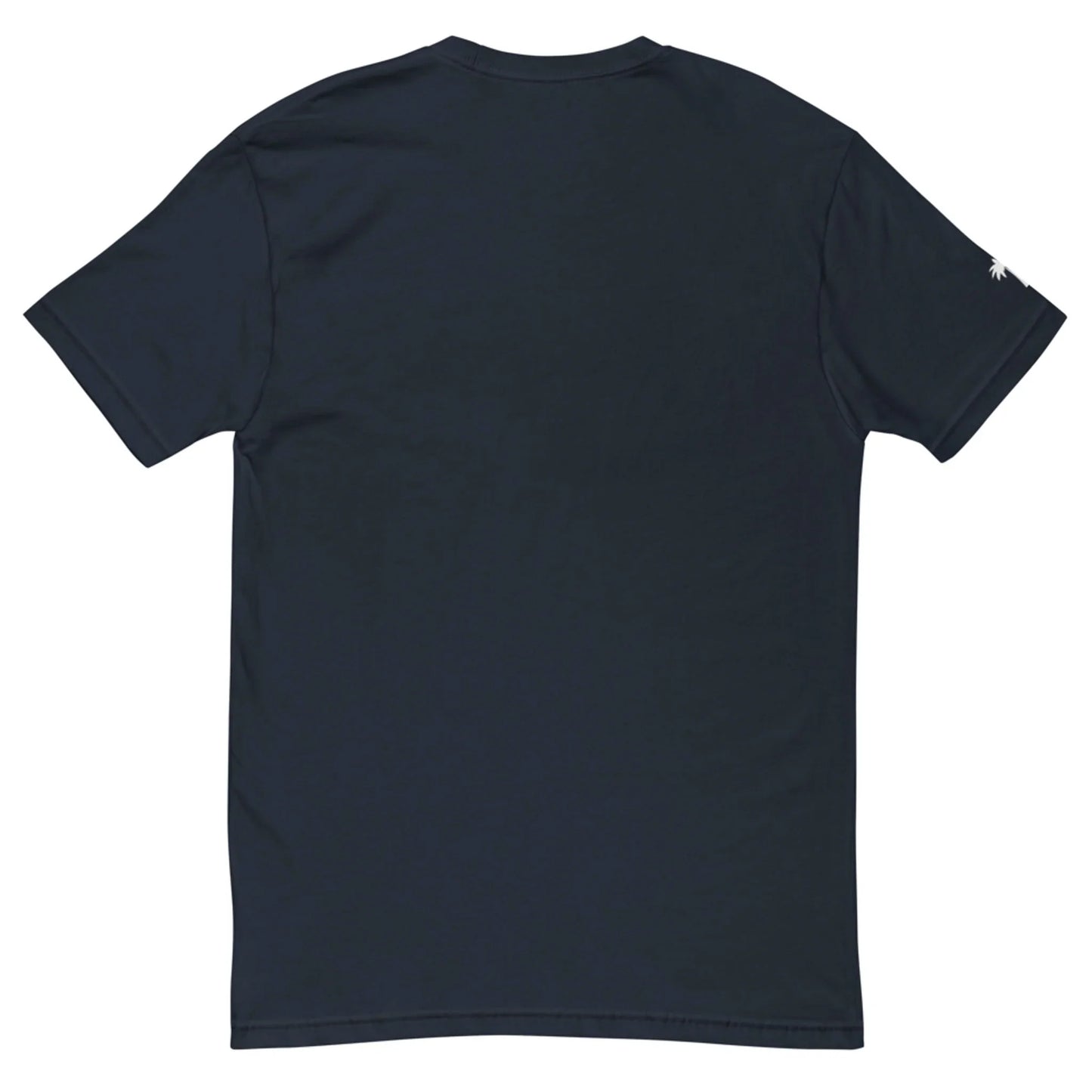 Black t-shirt with a small white logo on the sleeve against a white background