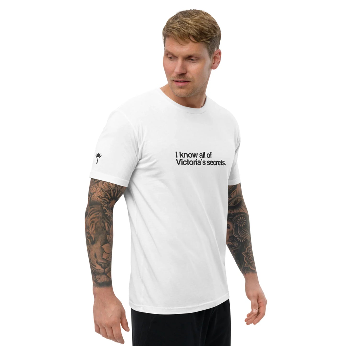 Man wearing a white t-shirt with text on a white background