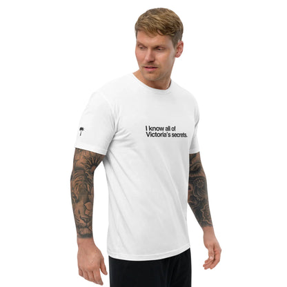 Man wearing a white t-shirt with text on a white background